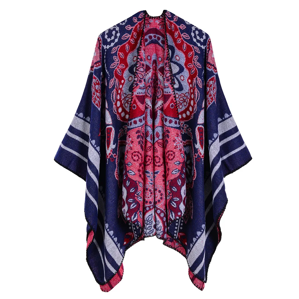 

2020 Double-Sided Cashmere Winter Poncho One Side Plaid Thicker Shawls and Wraps The other Side Solid Women Cardigan Pashmina