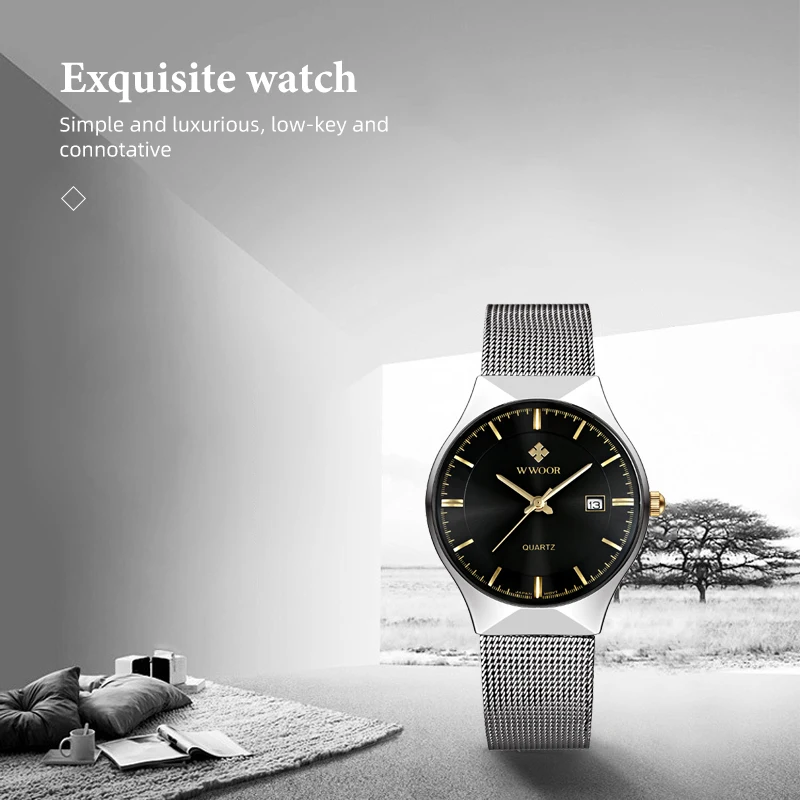 

WWOOR Brand Luxury men business quartz watch stainless steel disc modern casual ultra-thin watch men sports watch steel strap