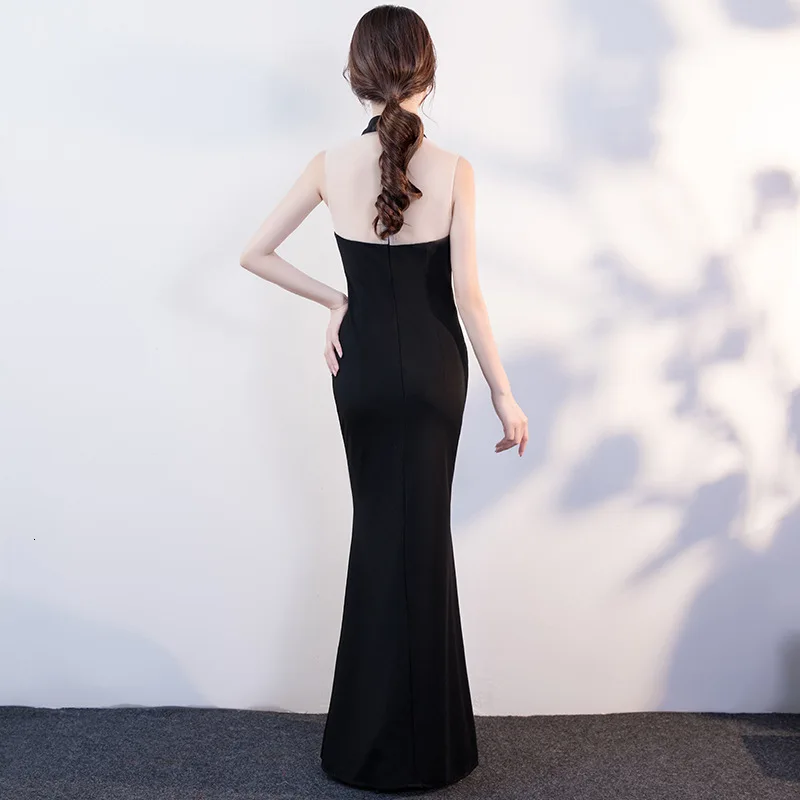 

Modern Black Sexy See Through Cheongsam Dresses Oriental Style Party Gown Qi Pao Women Chinese Evening Dress Qipao Promotion