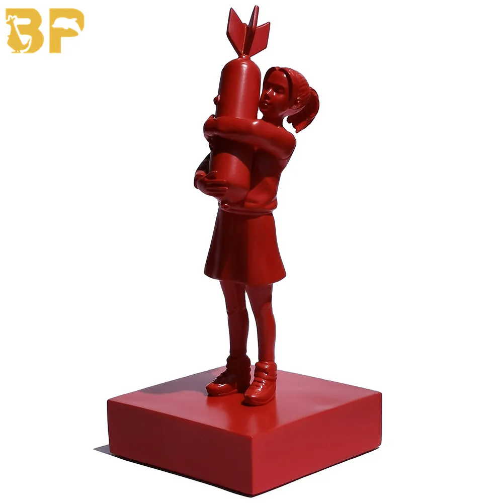 

Modern Art Luxurious Red Bomb Hugger Banksy Bomb Girl Street Art Resin Statue Creative Home Best Present