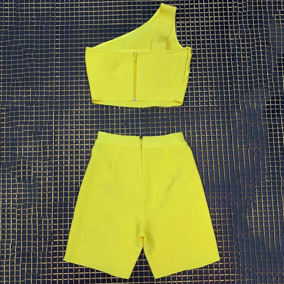 

Ailigou New One-Shoulder Short Jacket & Pants Solid Color Bandage Two-Piece Suit Ladies Fashion Yellow Hollow Sexy Bodycon Set