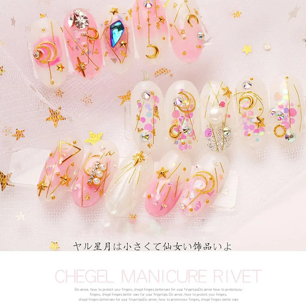 MeterMall Nail Art Gold Strass Star Moon Decor Mix 3D Rhinestones Beads AB Sequins Shiny Glitter Charm Gem Manicure Accessories