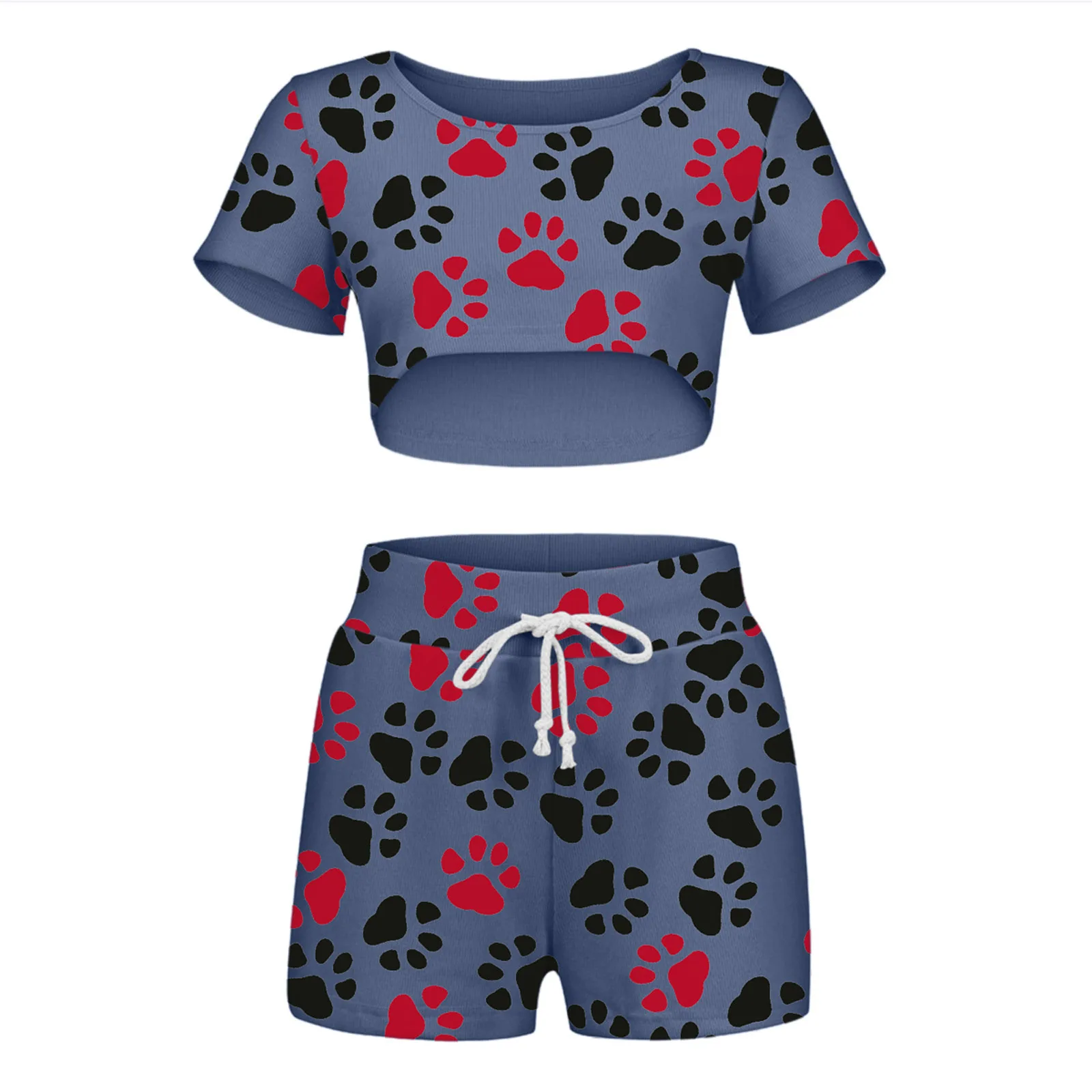 

2021 Women's Casual Two-piece Clothes Set Printing Short Sleeve Crop Tops + Shorts Set Black/ Blue/ Army Green/ Pink