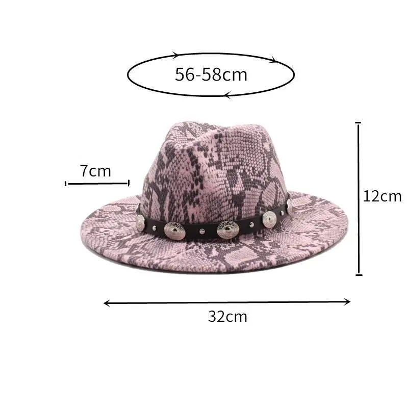 

2021 Unisex Wide Brim Fedora Hats For Women Men Snake Pattern Jazz Hat Felt Panama Cap Imitation Wool British Style Ladies Cap