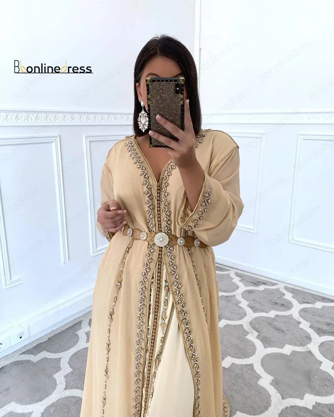 Bbonlinedress Champagne Evening Gowns 2020 Crystal Beading Moroccan Caftan Dress Plus Size Customize Women abiti da cerimo | Свадьбы и
