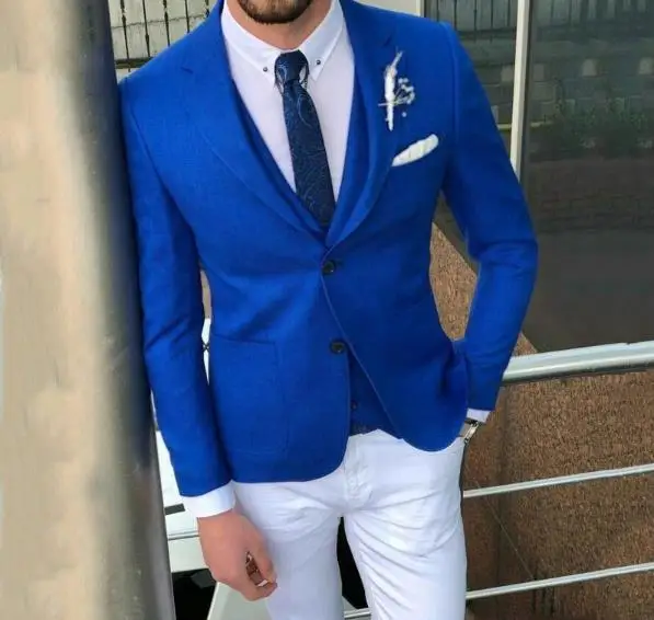 Модные королевские синие смокинги жениха тупый отворот Slim Fit Groomsman Свадебные для