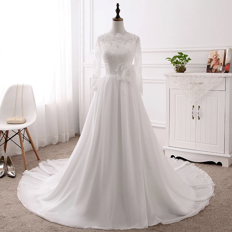 Платье Свадебное ТРАПЕЦИЕВИДНОЕ с длинным рукавом вырезом лодочкой и кружевной