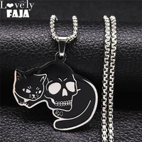 witchcraft cat skull stainless steel chain necklaces black silver color inverted pentagram necklace jewelry collier n3627s03