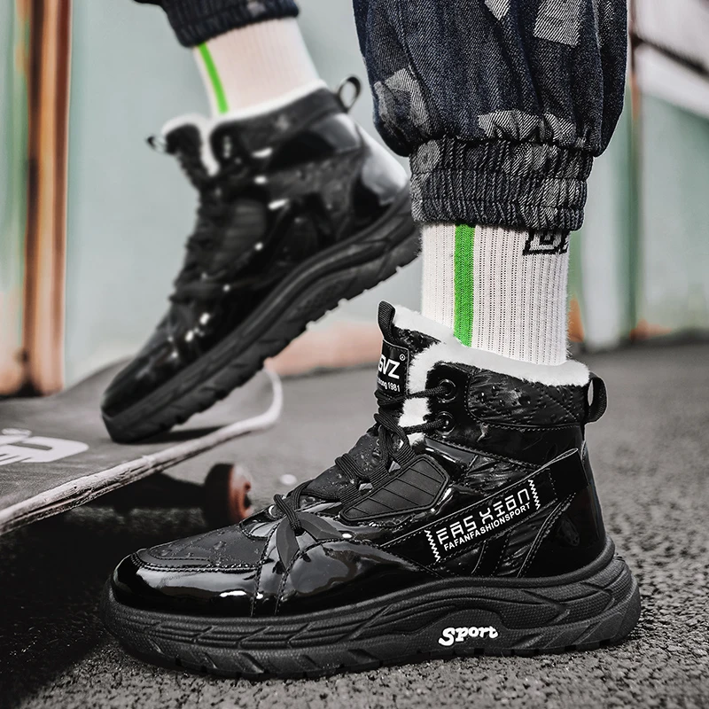 

Мужские высококачественные кожаные плюшевые бархатные теплые мужские ботинки на шнуровке с буквенным принтом Водонепроницаемая Уличная о...