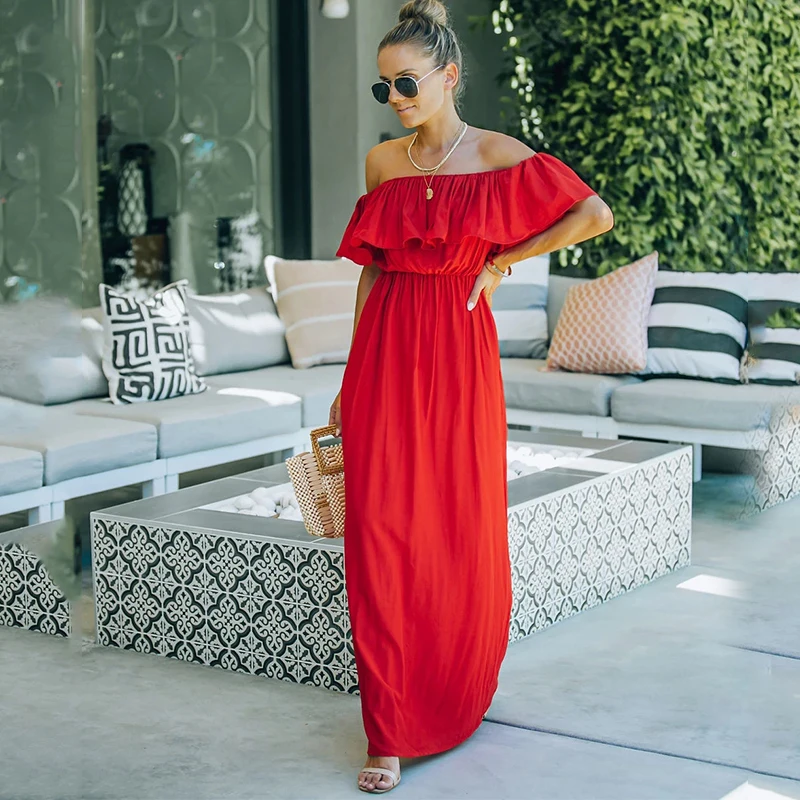 

Elegant Solid Red Off Shoulder Party Women Dress Ruffle High Waist Female Dresses Pleated Loose Summer Casual Dress Vestidos