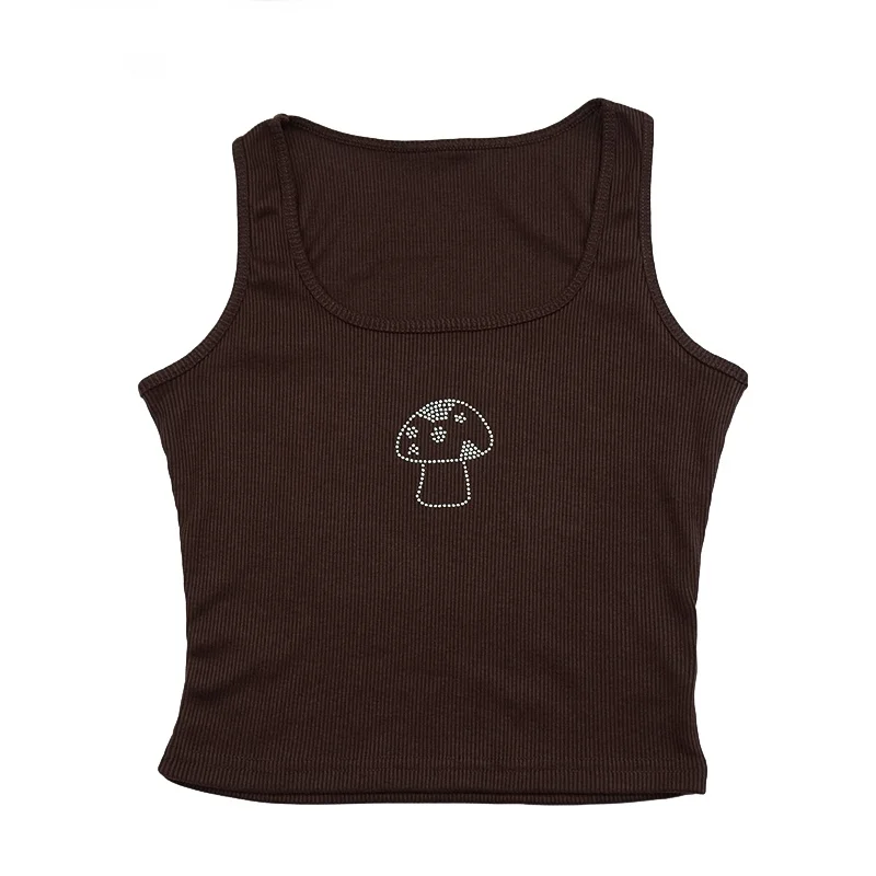 

Vintage Y2k Sweet Crop Top Aesthetic Fashion Indie Mushroom Diamond Straped Brown U-neck Sleeveless Slim Tank Top New Streetwear