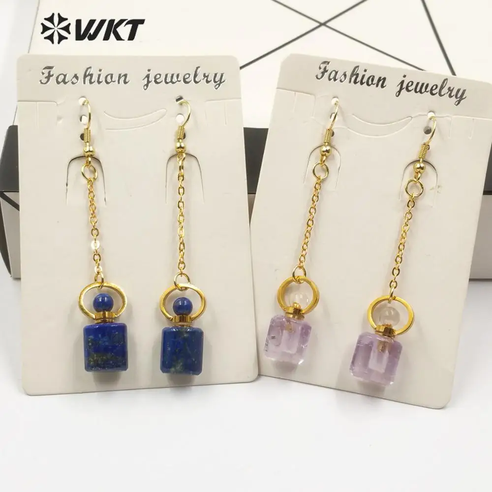 

WT-E581 New!!! Perfume Bottle Earring Natural Stone Earring Yellow/Smokey Quartz Lapis With Gold Electroplated Long Earring