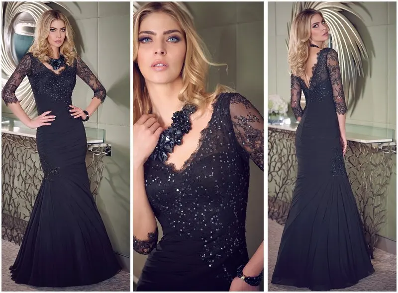 

Free Shipping Wholesale Sequins on Chiffon Mermaid Black Mother of the Bride Dresses Evening Dress 2013