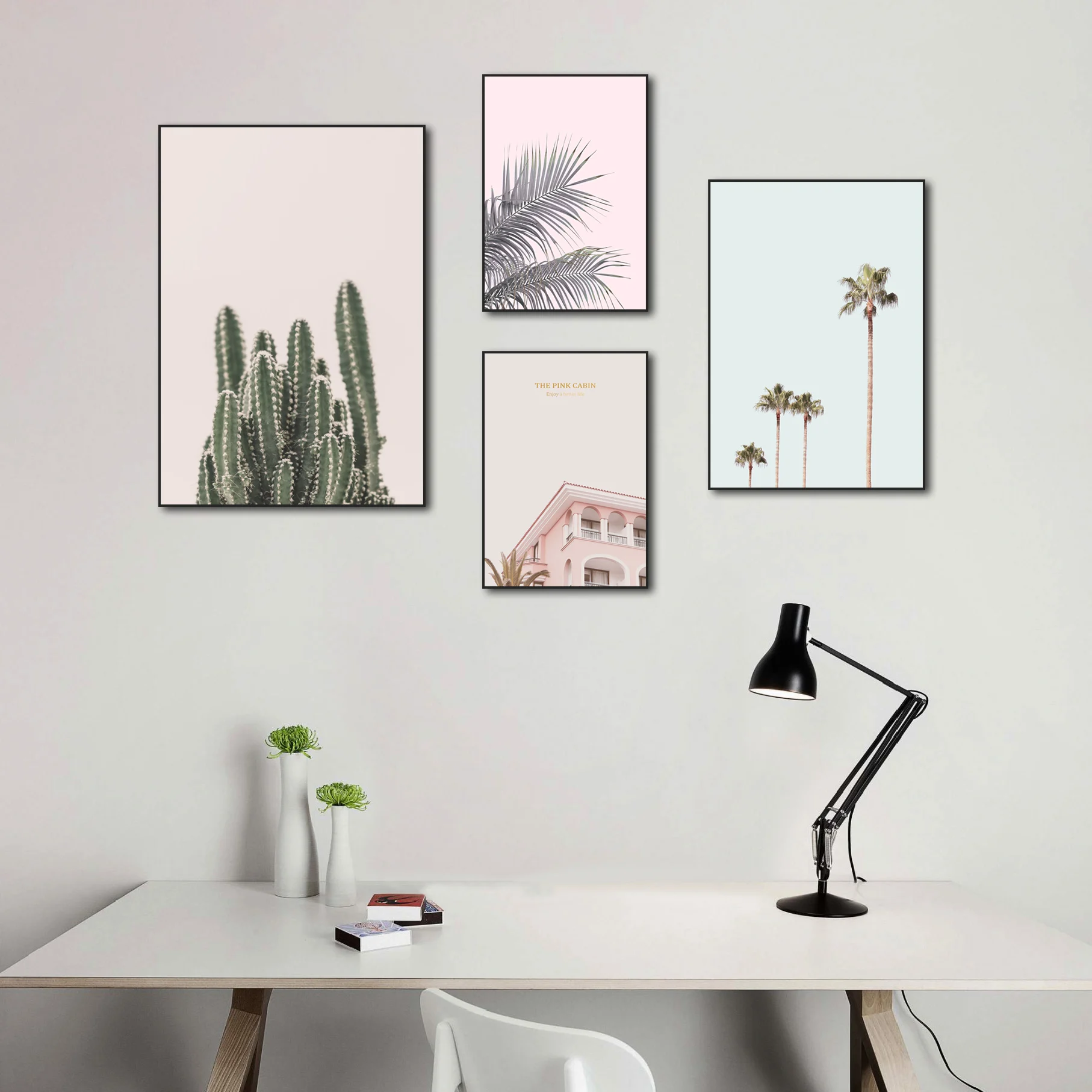 

Nordic Style Pink Landscape Canvas Painting Sea House Coconut Tree Cactushanging Wall Art Home Hotel Office Decoration