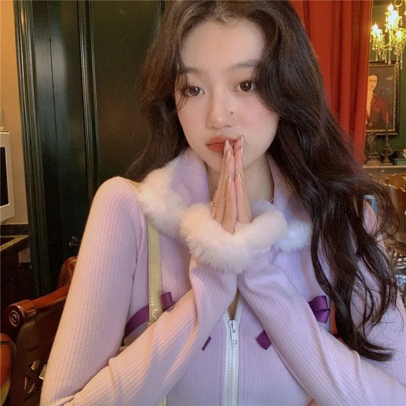 

Women's New Purple Furry Knitted Cardigan Sweater Lady Long Sleeve Open Cardigan Chunky Knit Sweaters Coat Spring Casual Tops