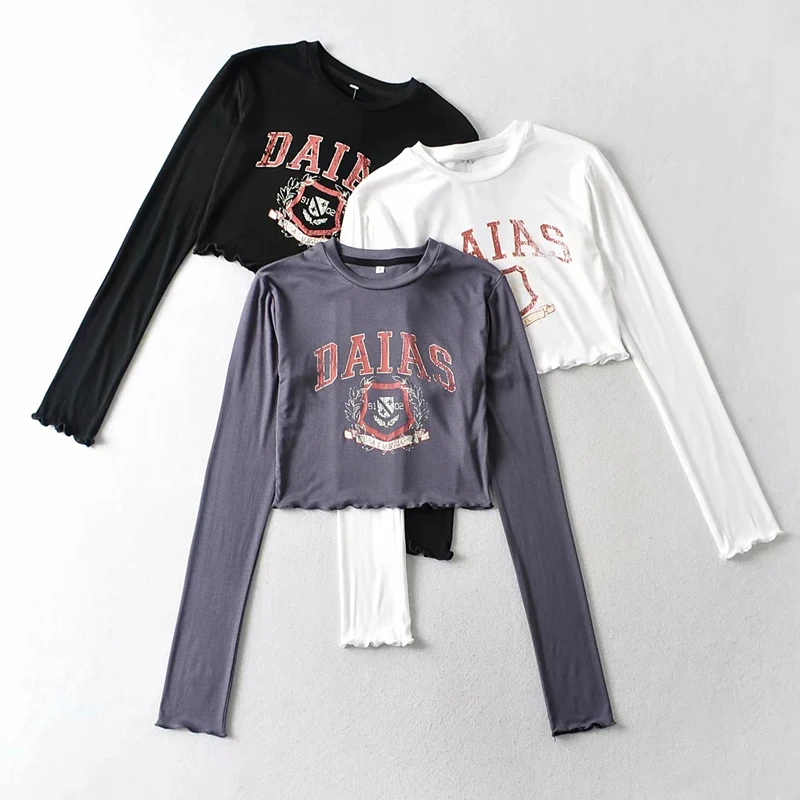 

Women Letter Print Front Long Sleeve Lettuce Edge Crop Top