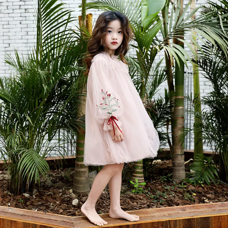Dress Girl Princess Pink Mesh Hollow Out Embroidery Floral Lace Fashion Party Wedding 2019 New Midi Long Ball Gown | Детская одежда и