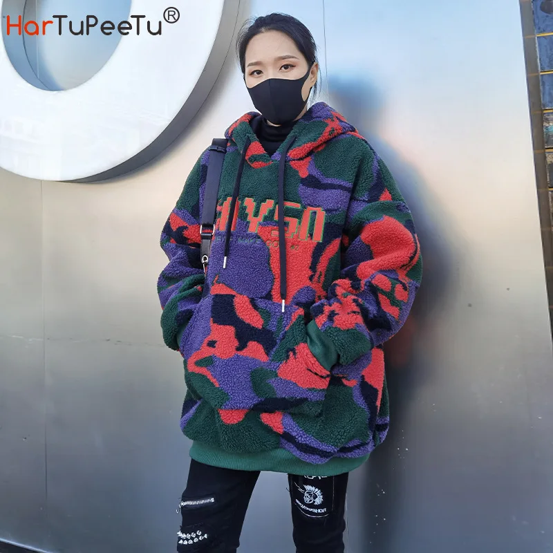 2022 Winter Women Streetwear Lamb Fur Quilted Jacket Colourful Camouflage Sherpa Long Teddy Coat Warm Fleeve Hooded Outwear