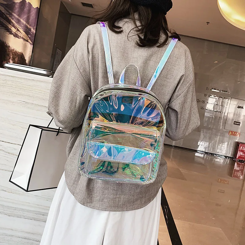 Girls Clear Backpack Personality Lovely Cute Knapsack Satchel Schoolbag Transparent See Through PVC Laser Jelly Mini Backpack