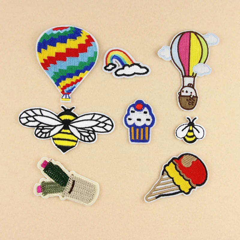 

100pcs/lot Decorative Embroidery Patches Biker Badges Hot Air Balloon Cactus Bee Rainbow Ice Cream Clothing Sewing Accessories