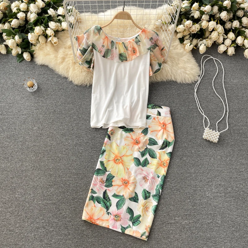 

2021 New Runway Fashion Summer Dress Suit Women Floral Print Ruffles T Shirt+Pencil Skirt Two Piece Set Holiday Party Outfits