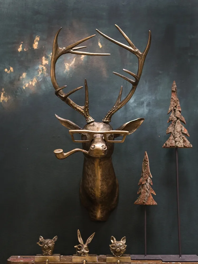 

Resin Staute Bronzed Animal with Glasses Hanging Wall Mount Rabbit Deer Bear Mouse Fox Head Pendant Sculpture Home Wall Decor