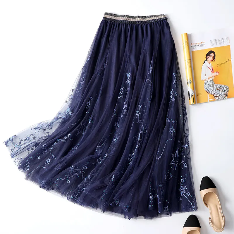 Длинная фатиновая юбка до щиколотки со Звездной вышивкой металлик звездами и