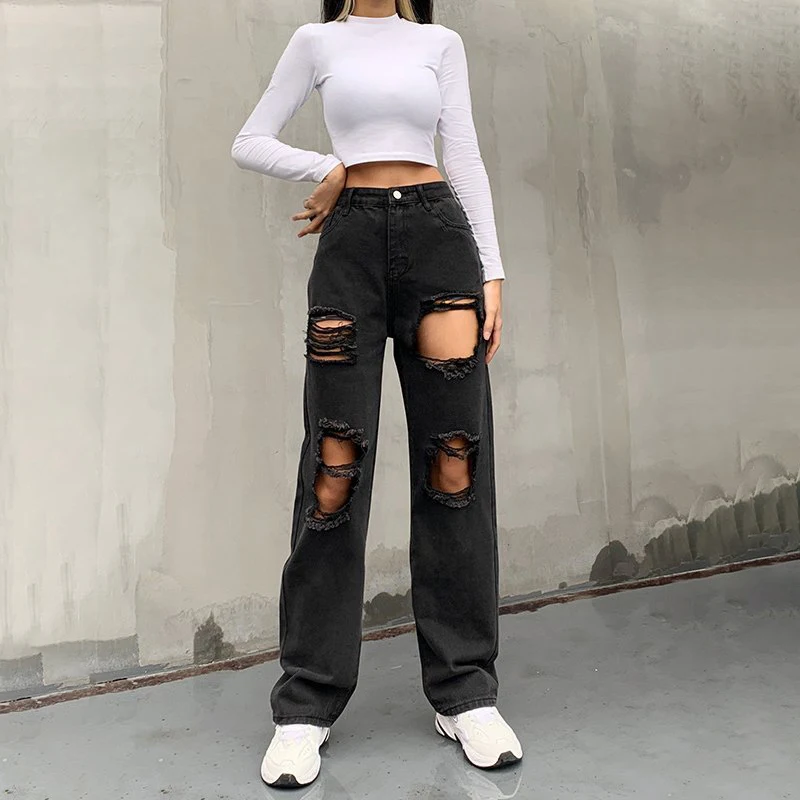 

Autumn Fashion Women’s Pants Black Denim Trousers Ripped Jeans for Women Y2k Baggy Woman High Waist Streetwear Clothing