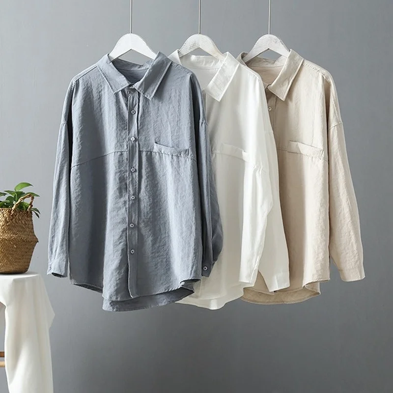 

Fashion Chic Spring Autumn Button Down Blouse Solid Color Shirt 2021 Korean Women's Long Sleeved Loose Casual Basic Clothing