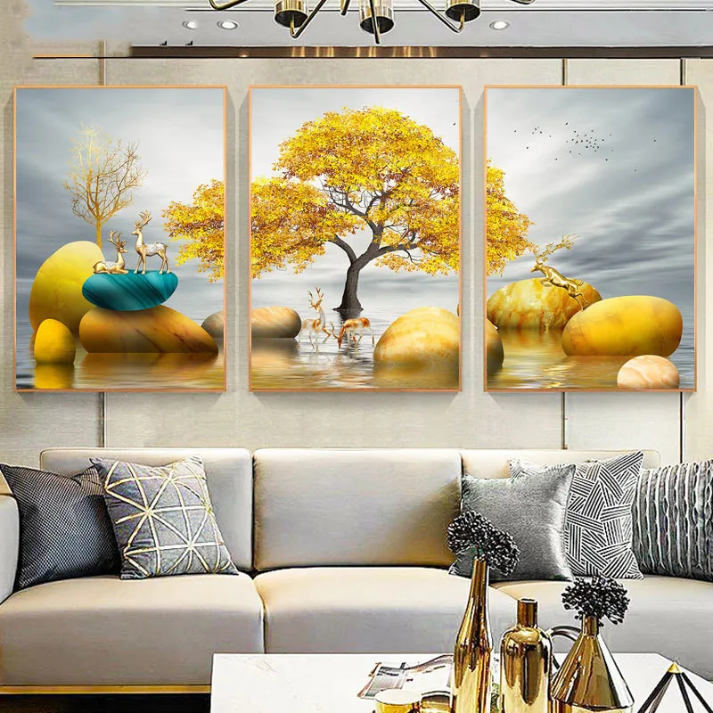 

Nordic Golden Elk Tree Decorative Canvas Painting for Living Room Modern Art Prints Wall Posters Corridor Murals Home Decor