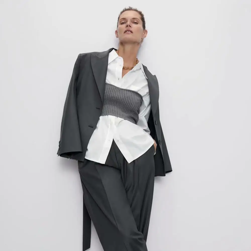 Женский вязаный короткий свитер ZA Серый Повседневный с открытыми плечами мягкие