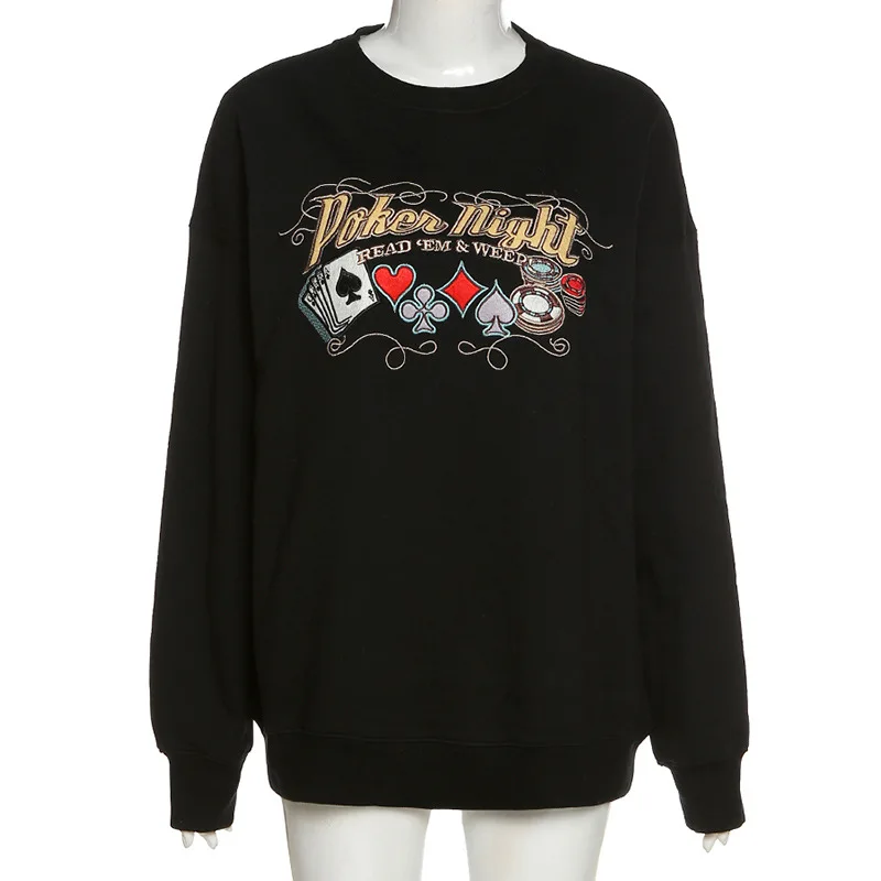 

Black Poker Letter Embroidery Vintage Crewneck Sweatshirt Women Long Sleeve Fashion Tops Casual 2021 Spring Chic England Style