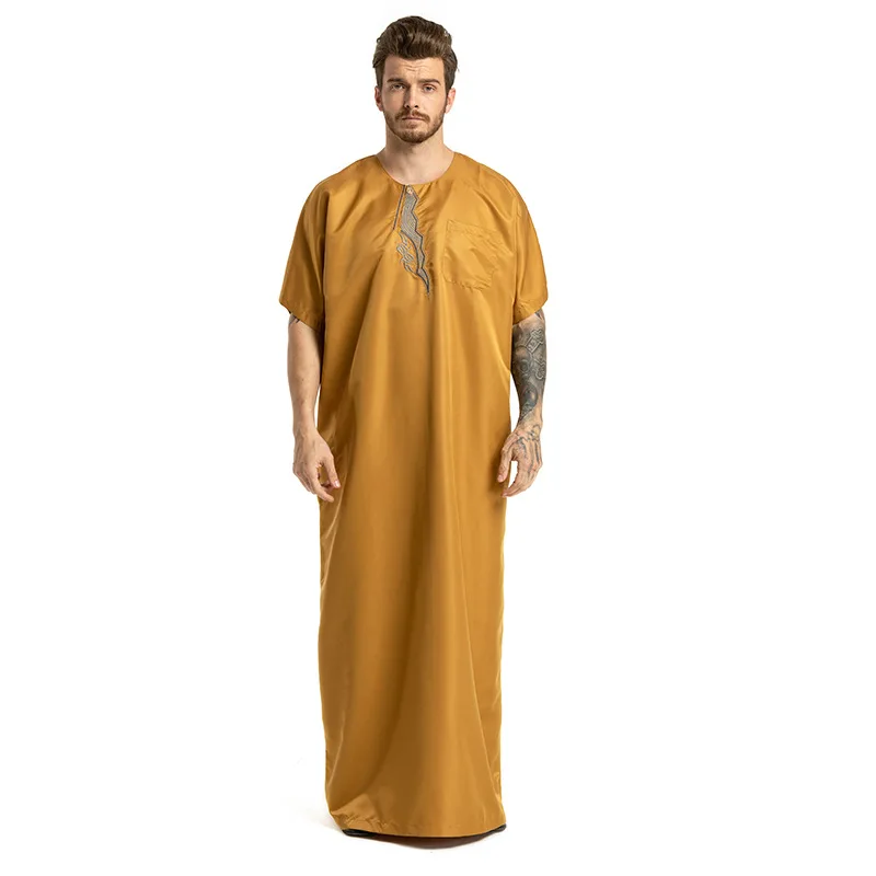

Abaya Kaftan Islam Middle East Arab Muslim Men's Clothing Hui Embroidered Short-sleeved Round Neck Robe Male 2021