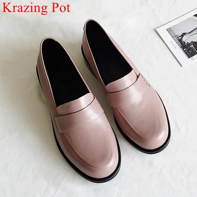 

Krazing Pot big size cow leather comfortable med heels round toe slip on women pumps mature casual preppy style autumn shoes L11