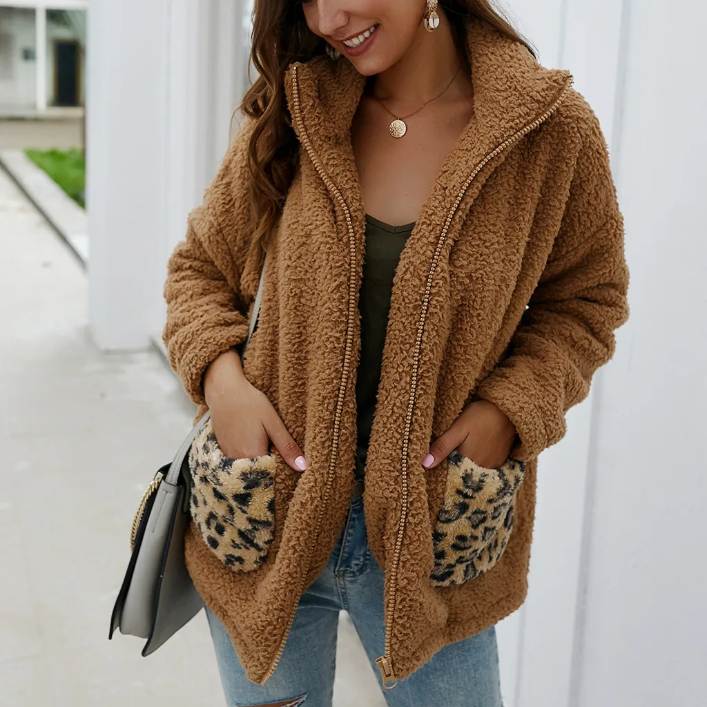 Новинка зимнее теплое Женское пальто флисовые толстые куртки с леопардовым