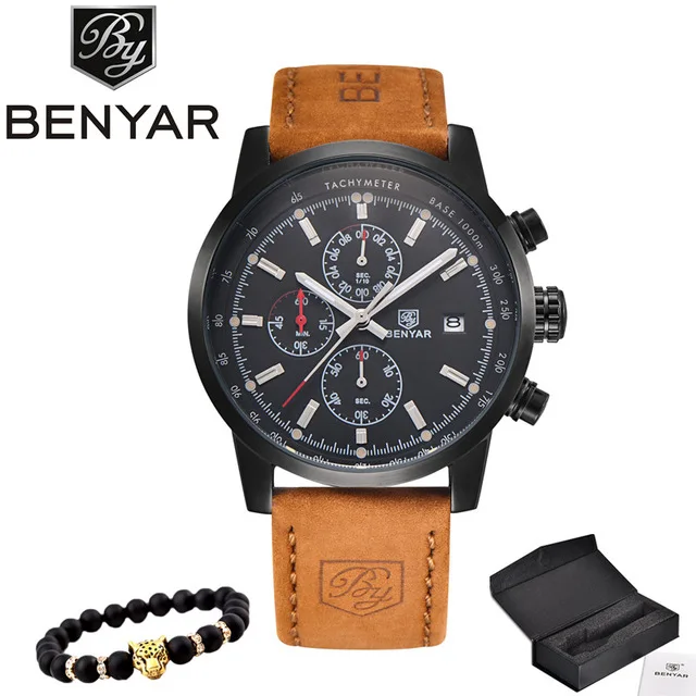 Black BENYAR часы мужские роскошные брендовые кварцевые часы с хронографом модные спортивные автоматические часы с датой кожаные мужские часы Relogio Masculino - Цвет: Black