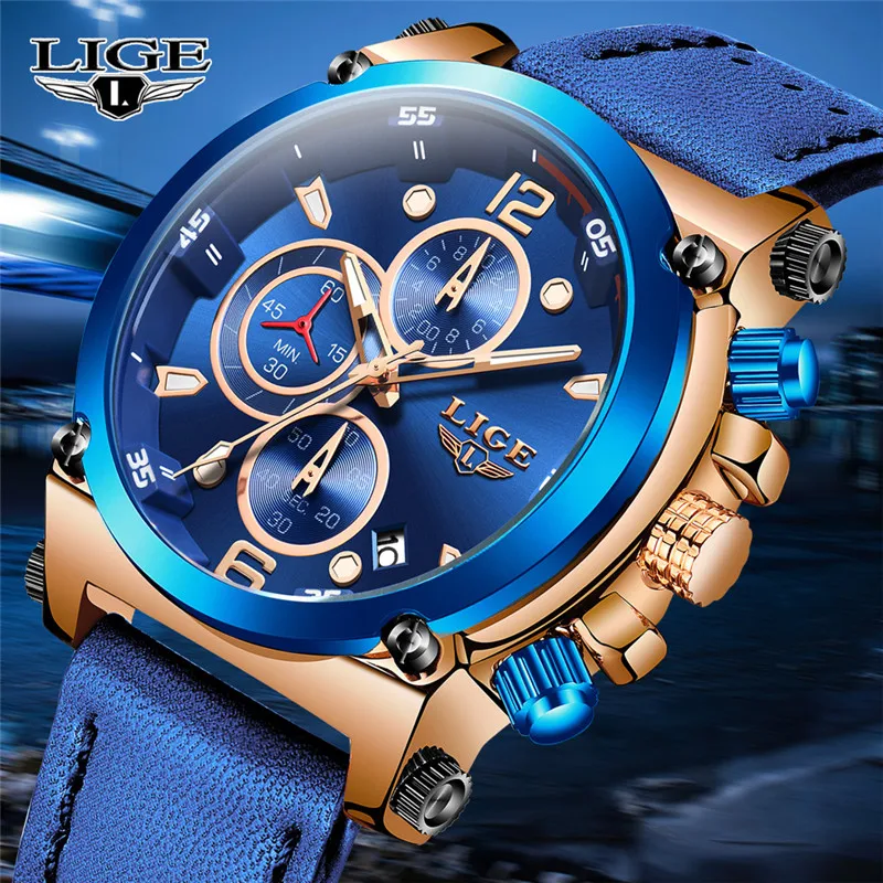 Часы наручные LIGE мужские с кожаным ремешком повседневные Модные кварцевые
