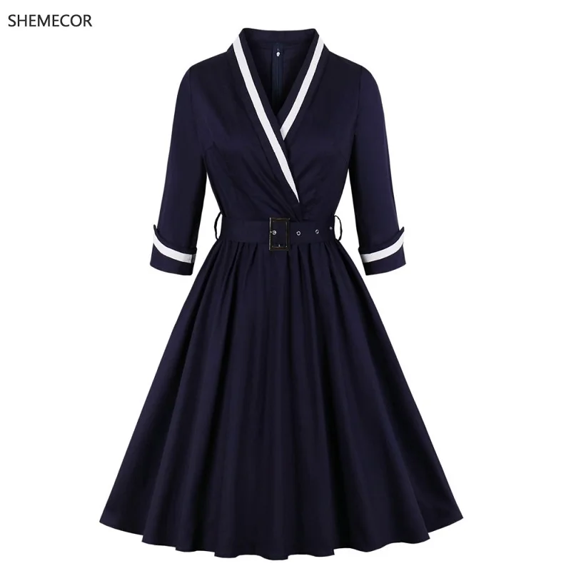 SHEMECOR 2019 осень лето 1950s Хепберн винтажное ретро с высокой талией длинным рукавом