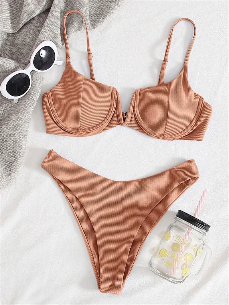 

Sexy Ribbed Underwired Bikini 2021 Women Solid V-bra Push Up Padded Two-pieces Bikini Set High Cut Bathing Suit Thong Swimsuit
