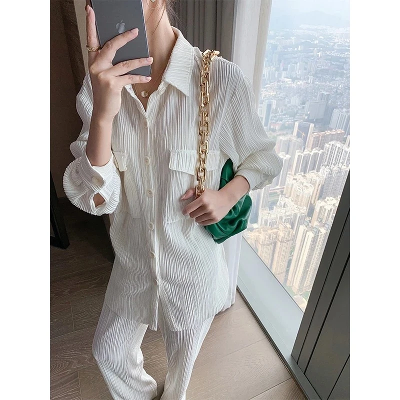

Women Wide Leg Pants Two Piece Summer Comfy Set Female Casual Singble Breasted Shirt Suit Long Sleeve Blouse& Loose Pants 2pcs