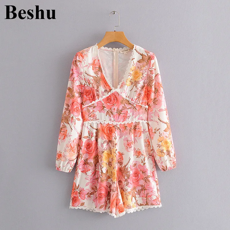 

za 2020 fashion jumpsuit women vintage printed lace-paneled V-neck bodysuit female puff sleeve casual back zipper chic mujer