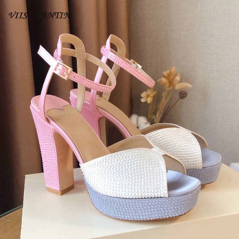 

Роскошные кожаные сандалии стразы на Высоком толстом каблуке с градиентом цвета, летние сандалии на высоком каблуке для вечеринки, свадьбы