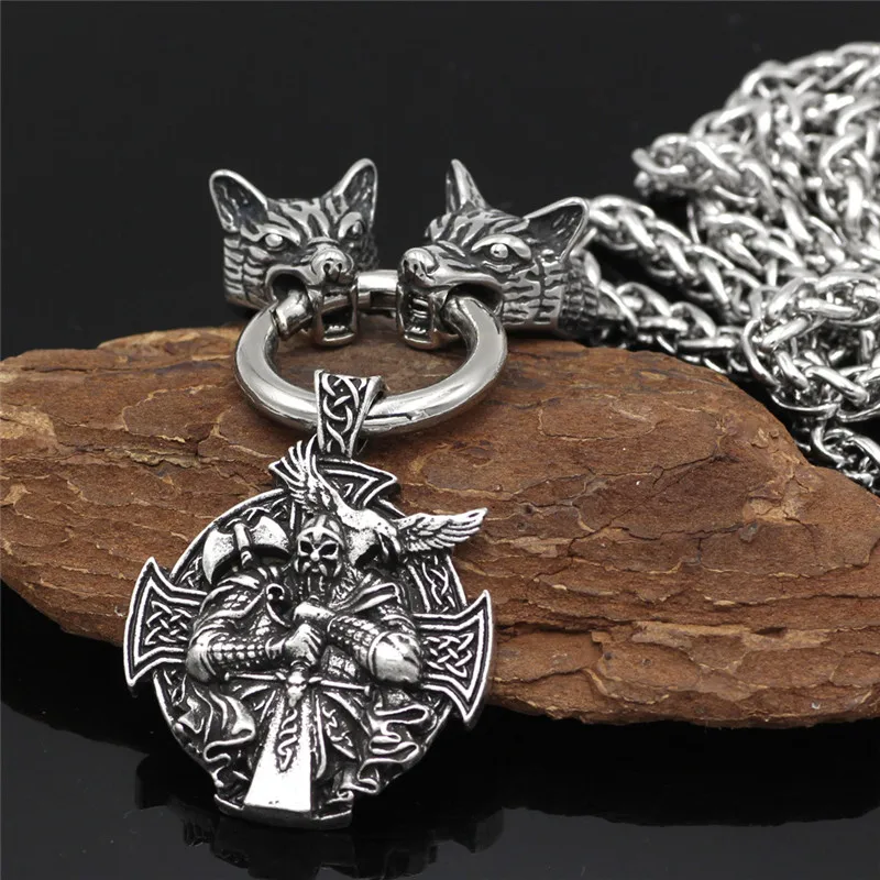 

Men Stainless Steel Necklace Viking Wolf Head With Odin Crow Hugin Pendant Northern Europe Talisman Necklace Punk Jewelry