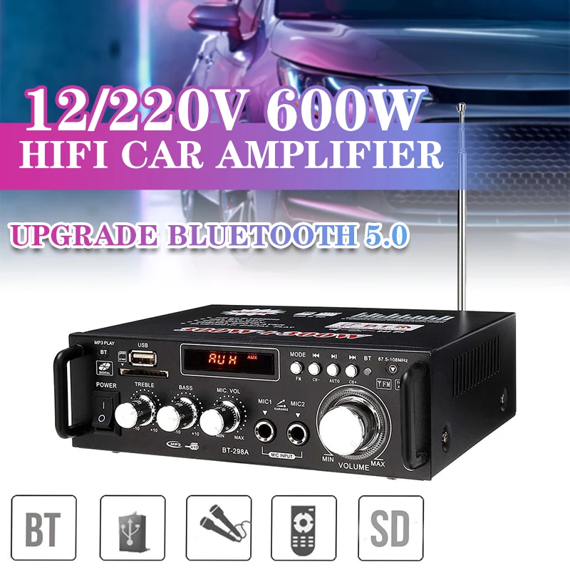 

12/220V Car Audio Amplifier 2CH LCD Display Digital 298A HIFI Powers Amplifier bluetooth FM Car Home Stereo Subwoofer W/Remote
