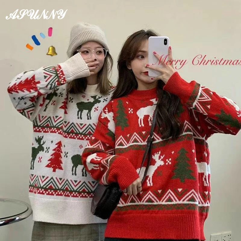 

Autumn and Winter New Korean Women's Loose Couple Christmas Tree Deer Thick Jacquard Sweater