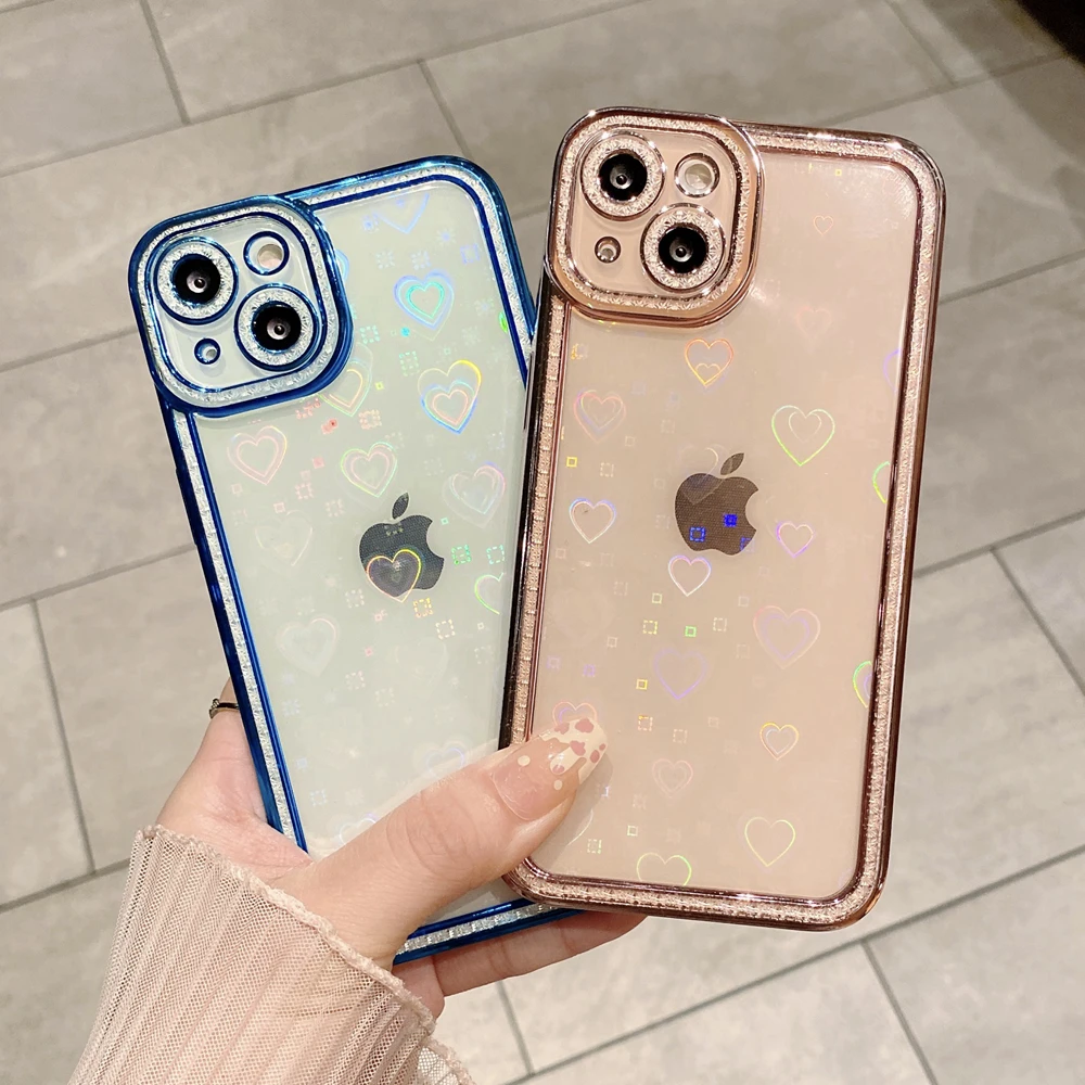 

Luxury Plating Bumper Laser Love Heart Phone Case For iPhone 13 12 11 Pro 13Pro XR Xs Max X 7 8 Plus Mini Glossy Soft Back Cover