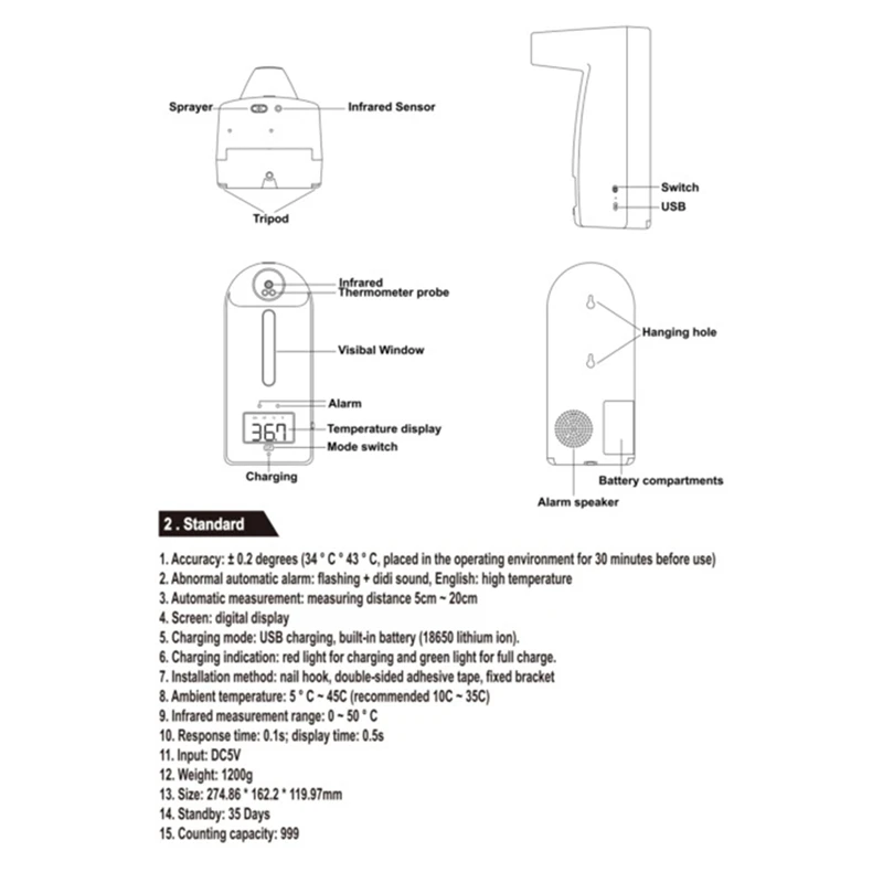 

2 in 1 Infrared Thermometer Automatic Soap Dispenser Palm Temperature Measurement and Disinfection Integrated Machine