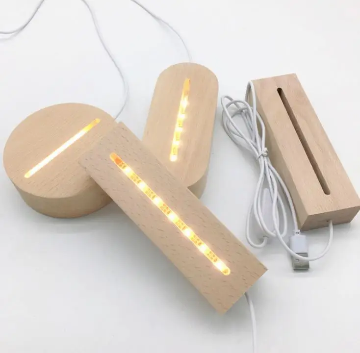 

30Pcs LED Solid Wooden USB Cable Night Light 3D Warm White Light Holder Lamp Wood Round Oval Rectangle Shape Night Light Base SN