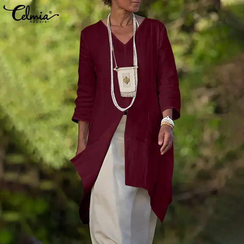 

Celmia V-neck 3/4 Sleeve Tops 2022 Autumn Casual Chic Elegant Long Blouses Women Lightweight Cotton Split Hem Shirts Femininas