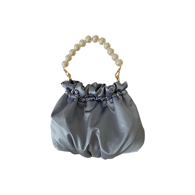 

2021 spring and summer new blue silk pearl handbag concave shape fold chain bag shoulder messenger bag